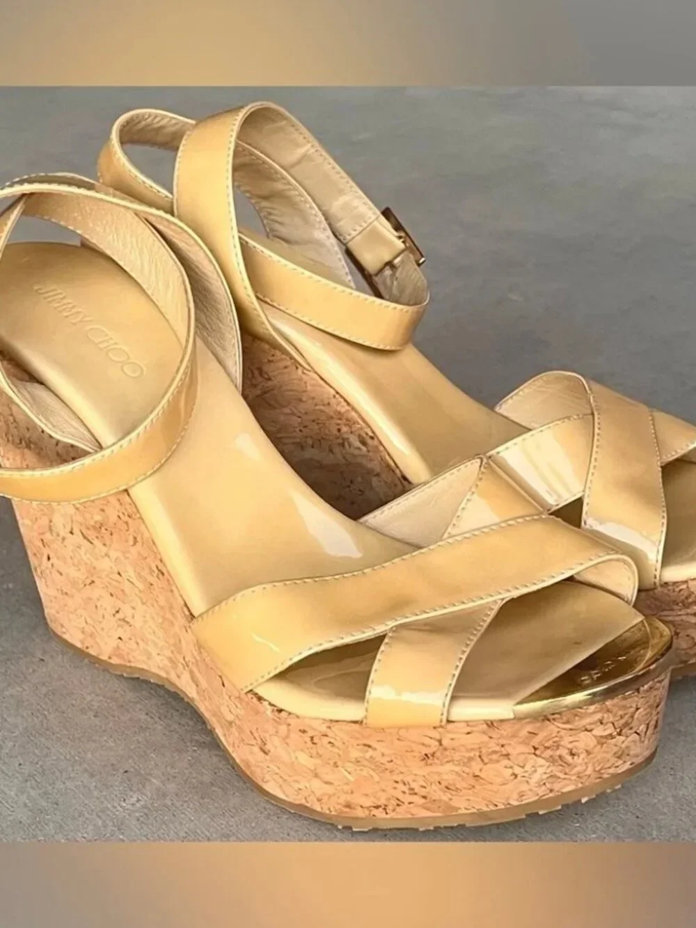 Jimmy Choo Papyrus Cork Platform Wedge Sandals Nude Patent Leather EU 41, US 11